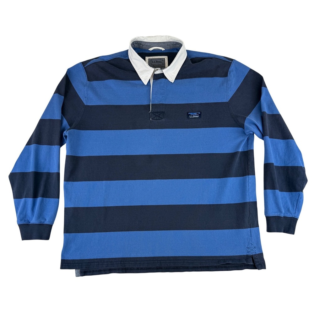 LL Bean Rugby Shirt Mens XL Blue Navy Striped Long Sleeve Cotton Traditional Fit